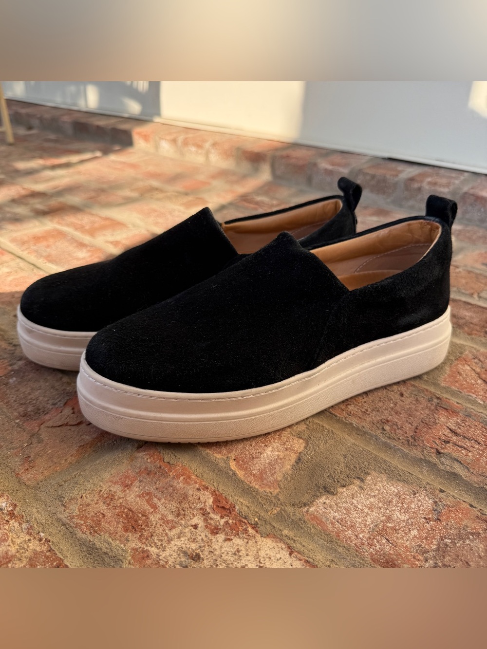 J/SLIDES Black Suede Slip-On Sneakers with White Platform Sole